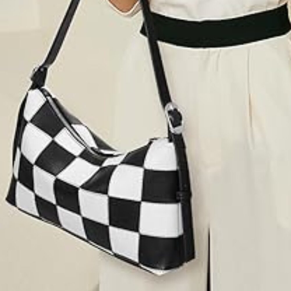 Neiman Marcus Checkered Vegan Leather Shoulder Bag